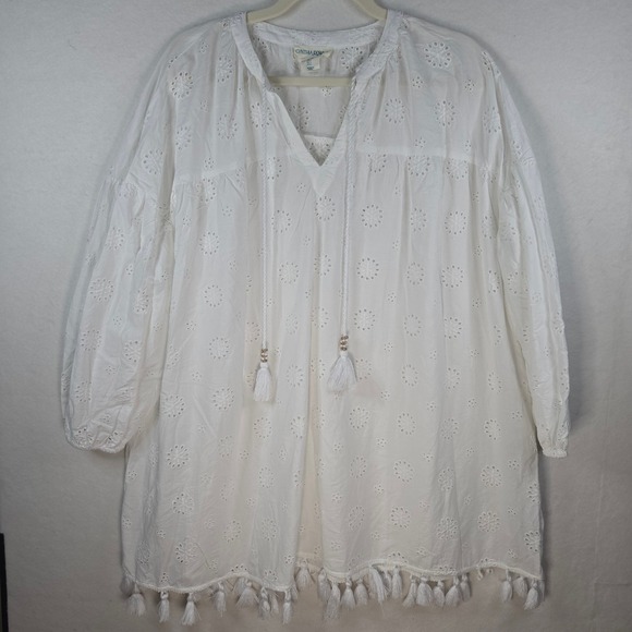 Cynthia Rowley Tops - Cynthia Rowley White Eyelet Tunic Top Tassel Fringe Cotton Blouse Large
